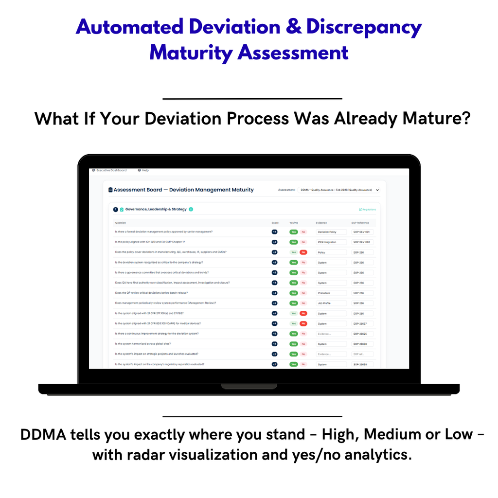Deviaciones & Discrepancias Maturity Assessment: Evalúa tu Sistema de Desviaciones en Minutos sin Consultor – DDMA Automatizado (GMP & ISPE)
