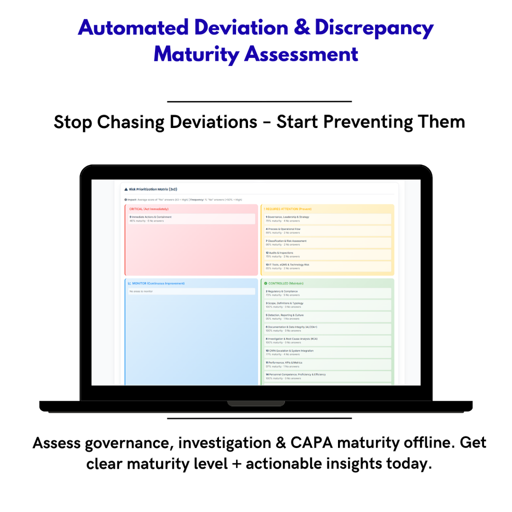 Deviaciones & Discrepancias Maturity Assessment: Evalúa tu Sistema de Desviaciones en Minutos sin Consultor – DDMA Automatizado (GMP & ISPE)